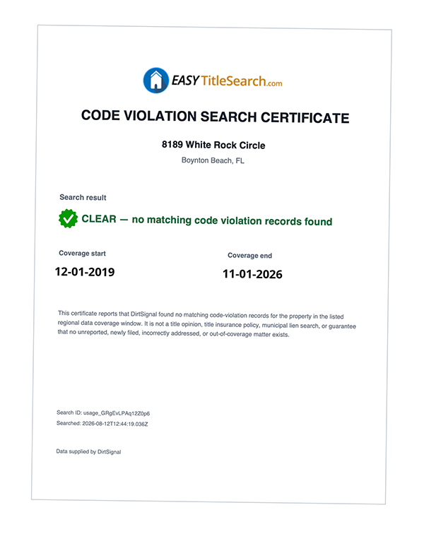 Actual sample code violation search certificate showing no matching code violation records found